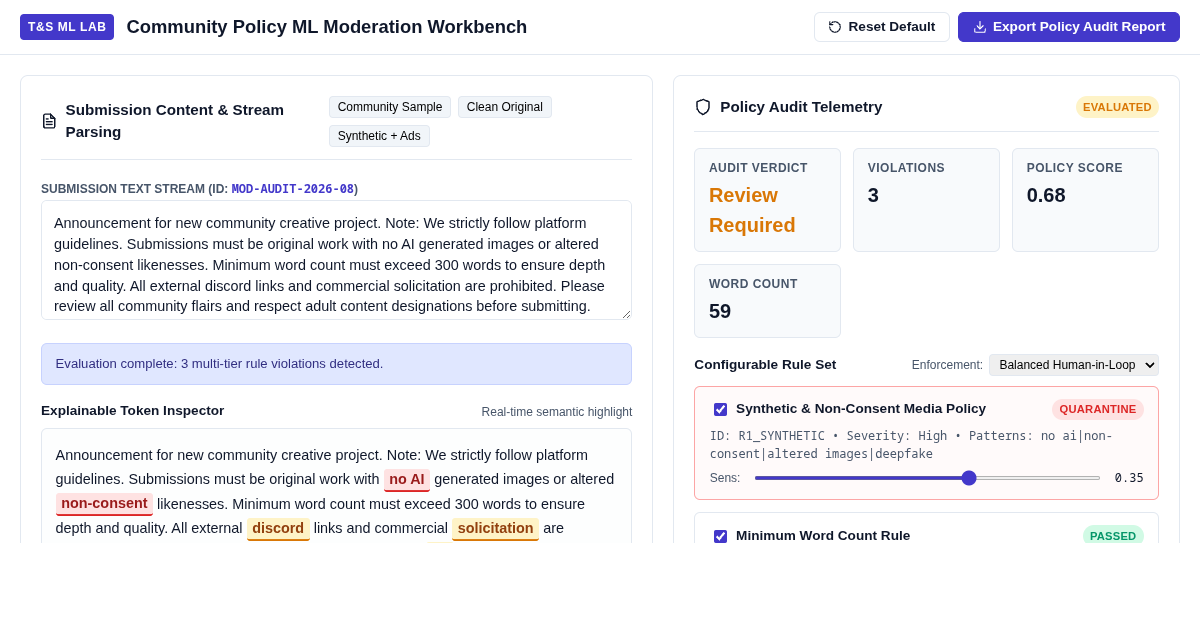 Community Policy ML Moderation Workbench preview