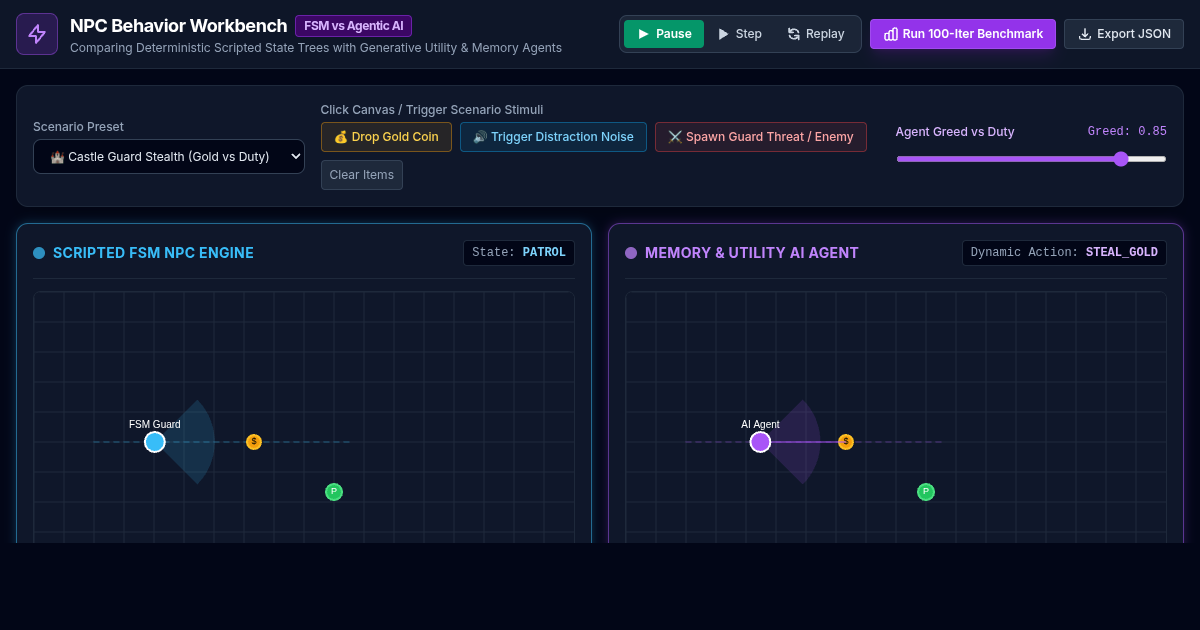 NPC Behavior Workbench | Scripted FSM vs Dynamic AI Agents preview