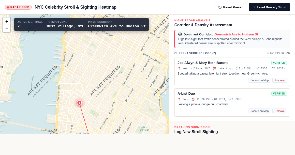 NYC Celebrity Stroll & Sighting Heatmap and Dispatcher preview