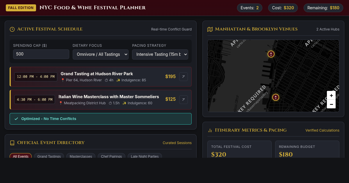 NYC Food and Wine Festival Itinerary Planner & Schedule Simulator preview