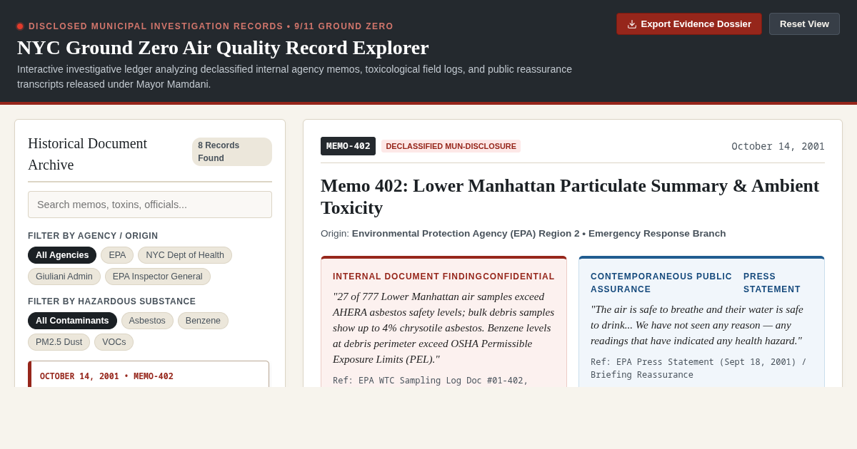 NYC Ground Zero Air Quality Record Explorer | Declassified 9/11 Disclosure Archive preview