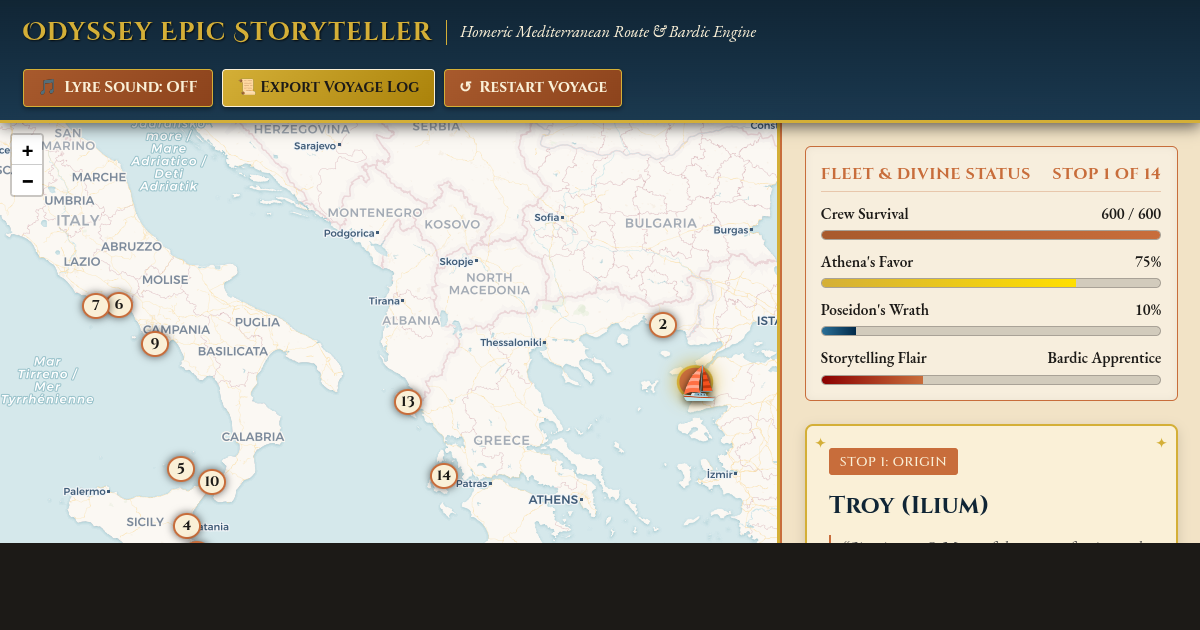 Odyssey Epic Storyteller Simulator | Homeric Map & Bardic Engine preview