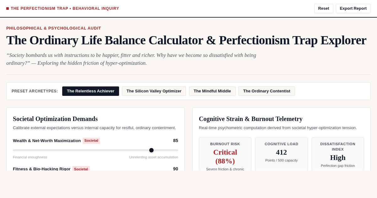 The Ordinary Life Balance Calculator & Perfectionism Trap Explorer preview