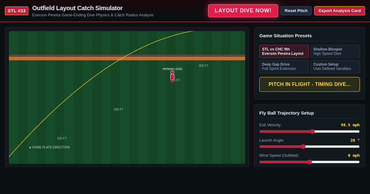 Outfield Layout Catch Trajectory & Timing Simulator - St. Louis Cardinals Pereira Dive Physics preview