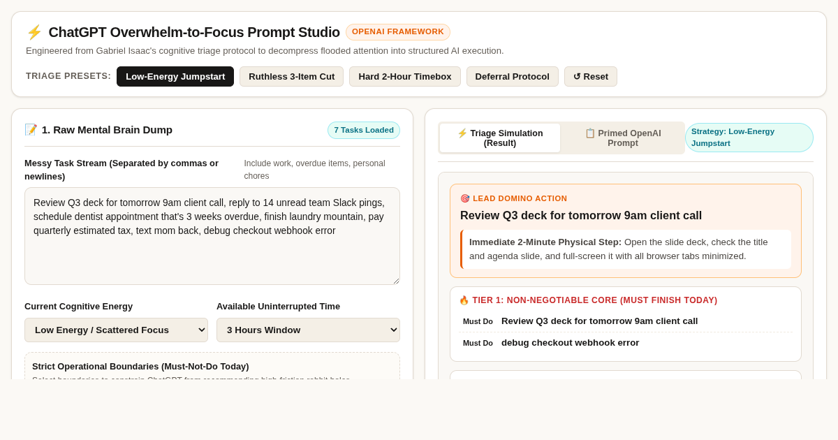 ChatGPT Overwhelm-to-Focus Prompt Studio preview