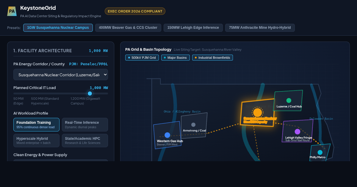 KeystoneGrid: Pennsylvania AI Data Center Siting & Regulatory Simulator preview