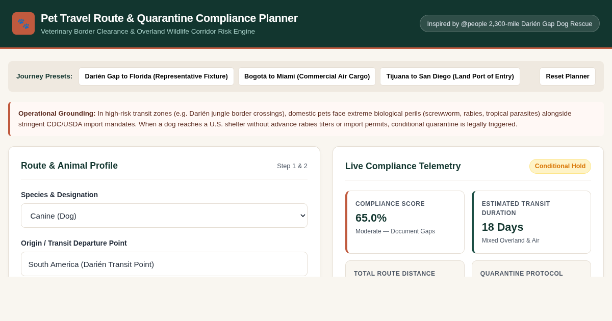 Pet Travel Route & Quarantine Compliance Planner preview