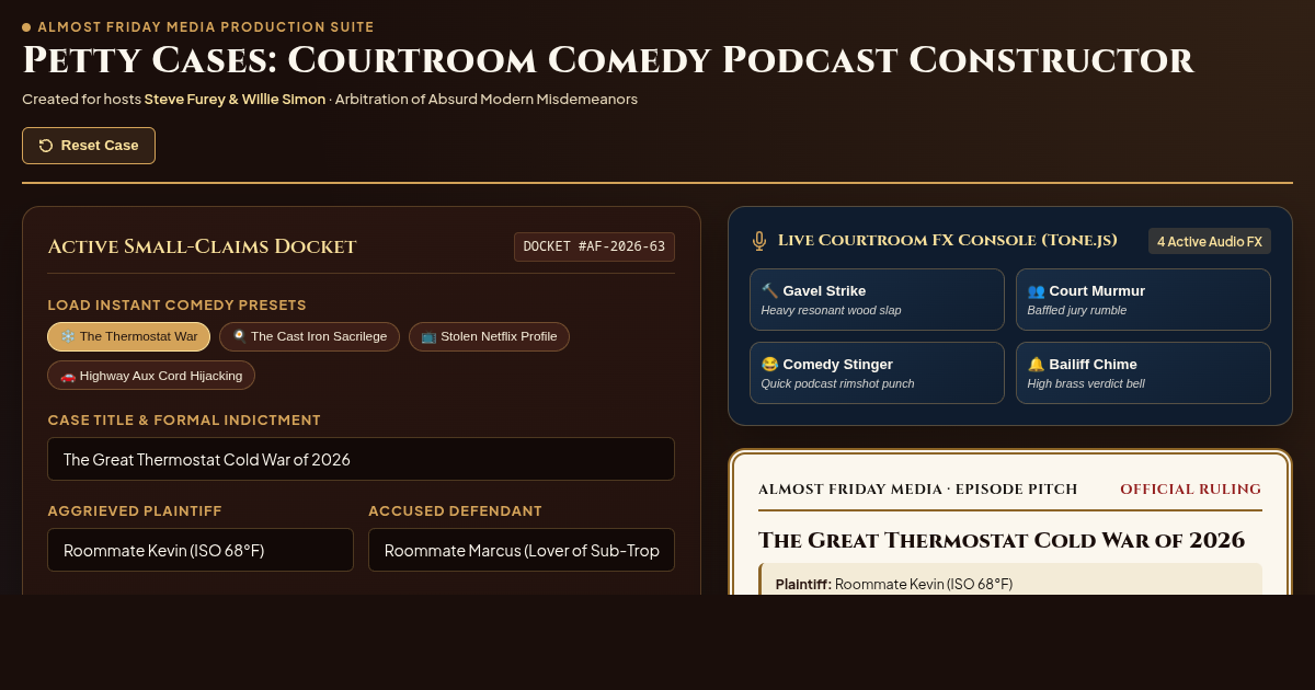 Petty Cases Courtroom Podcast Pitch & Episode Constructor preview