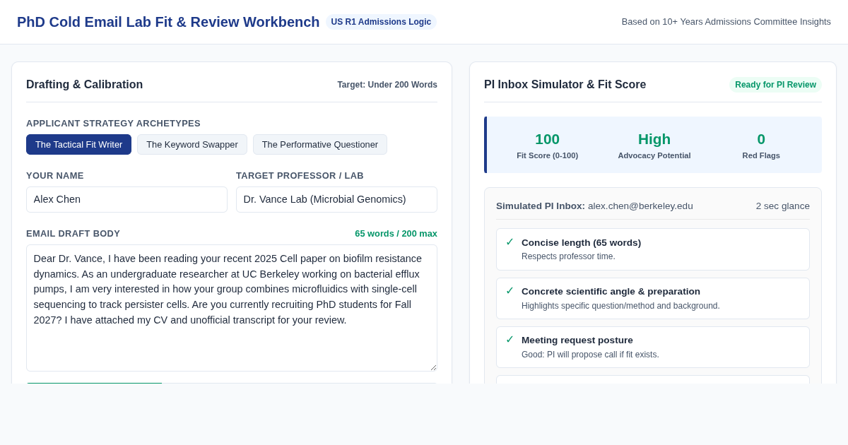 PhD Cold Email Lab Fit & Review Workbench preview