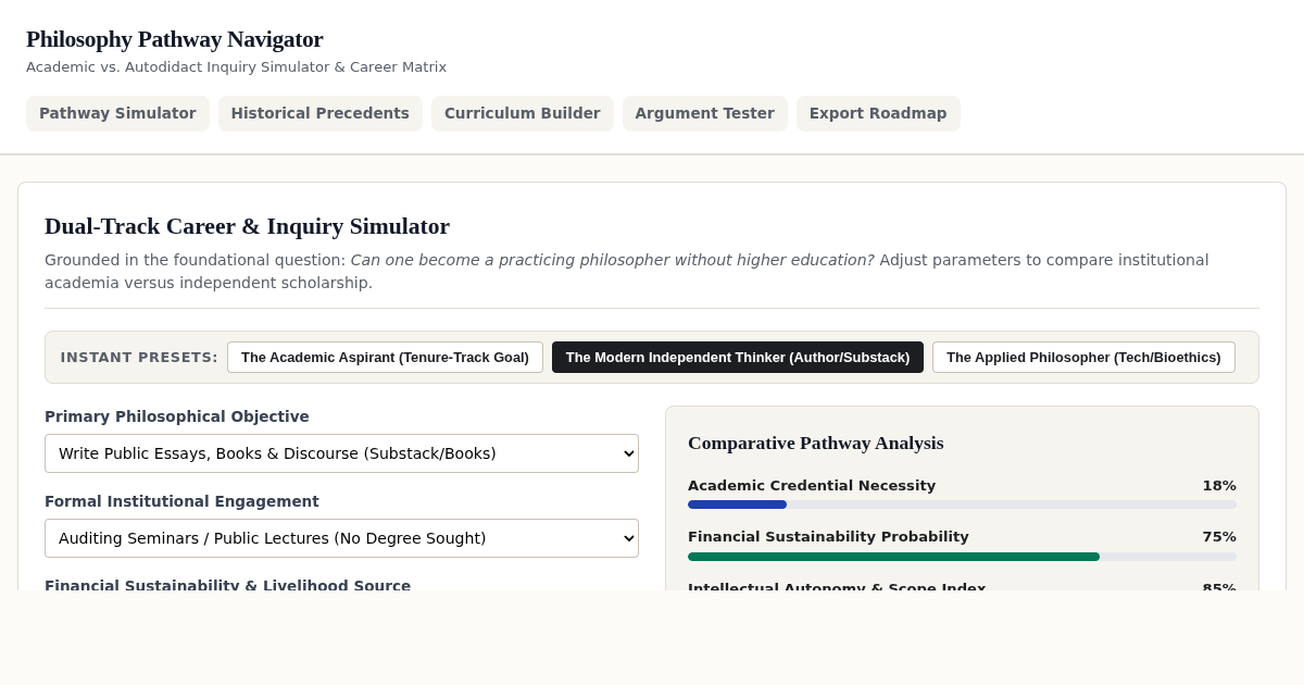 Philosophy Pathway Navigator: Academic vs. Autodidact Simulator preview