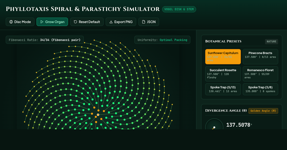 Phyllotaxis Spiral & Parastichy Simulator preview