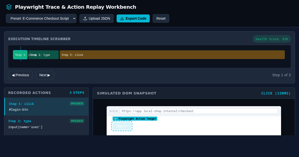 Playwright Trace & Action Replay Workbench preview
