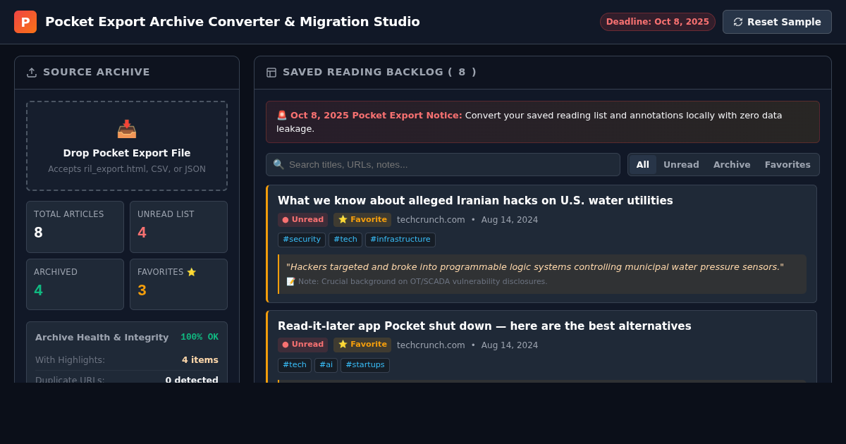 Pocket Export Archive Converter & Migration Studio preview