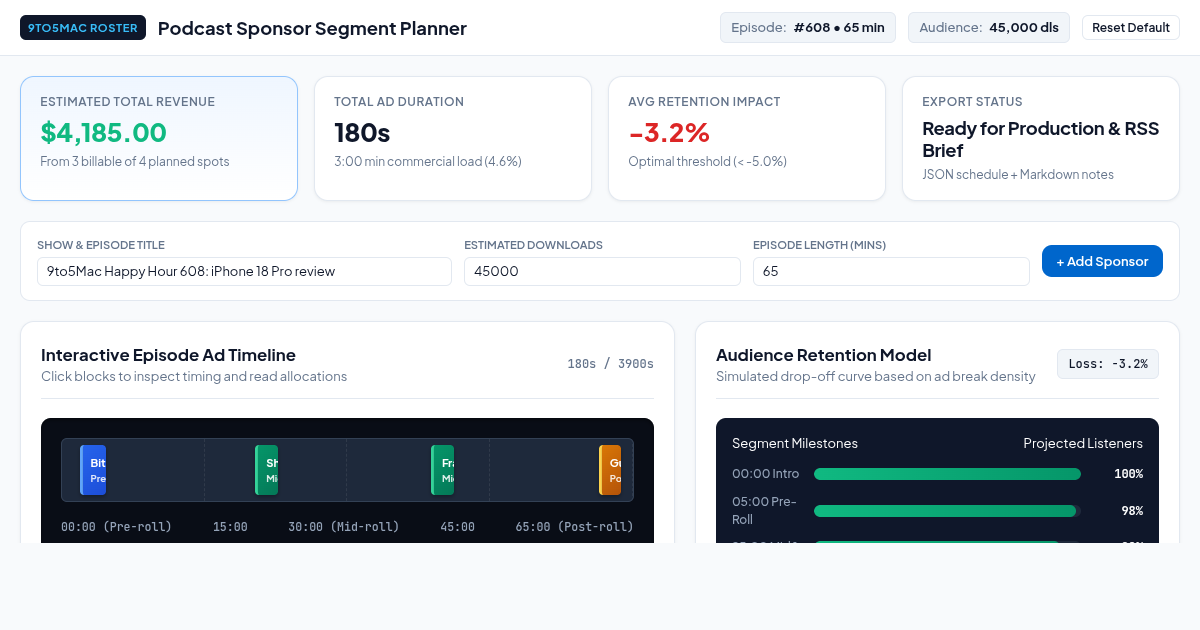 Podcast Sponsor Segment Planner & Revenue Split Estimator preview