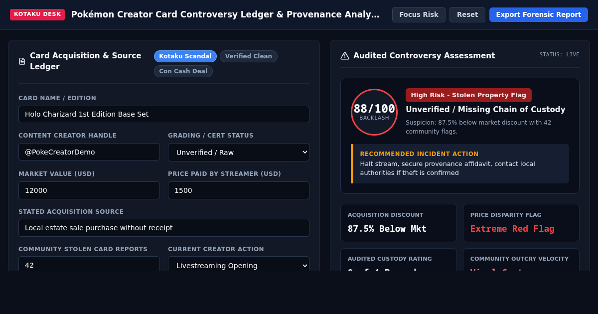 Pokémon Creator Card Controversy Ledger & Provenance Analyzer preview
