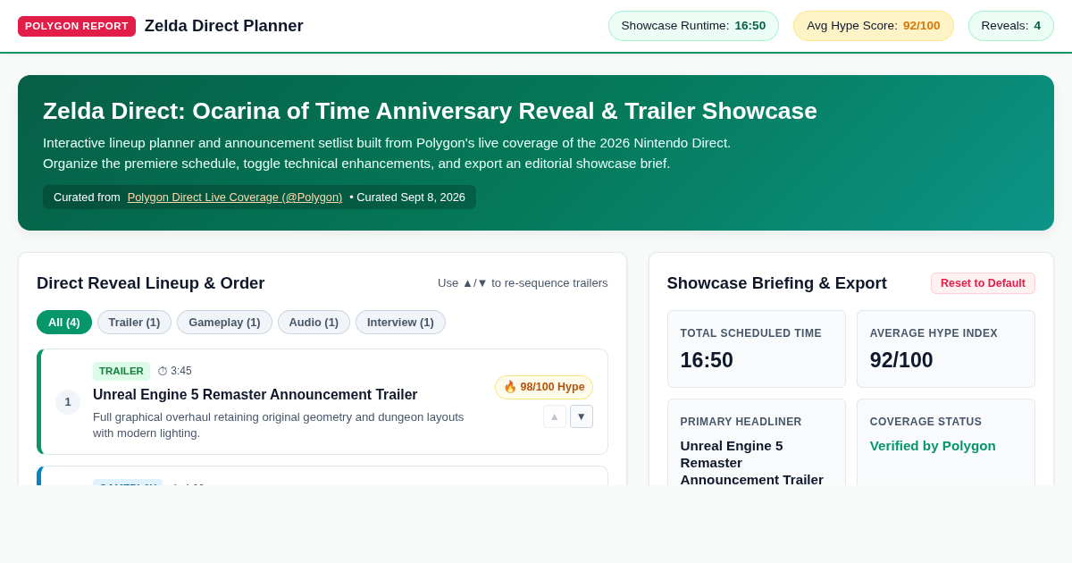 Polygon Zelda Direct Reveal Explorer & Setlist Planner preview