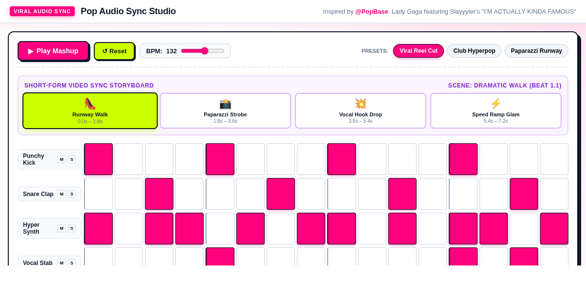 Pop Audio Sync Studio: Slayyyter × Gaga Clip Mashup & Virality Sequencer preview