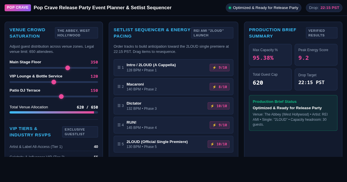 Pop Crave Release Party Event Planner & Setlist Sequencer preview