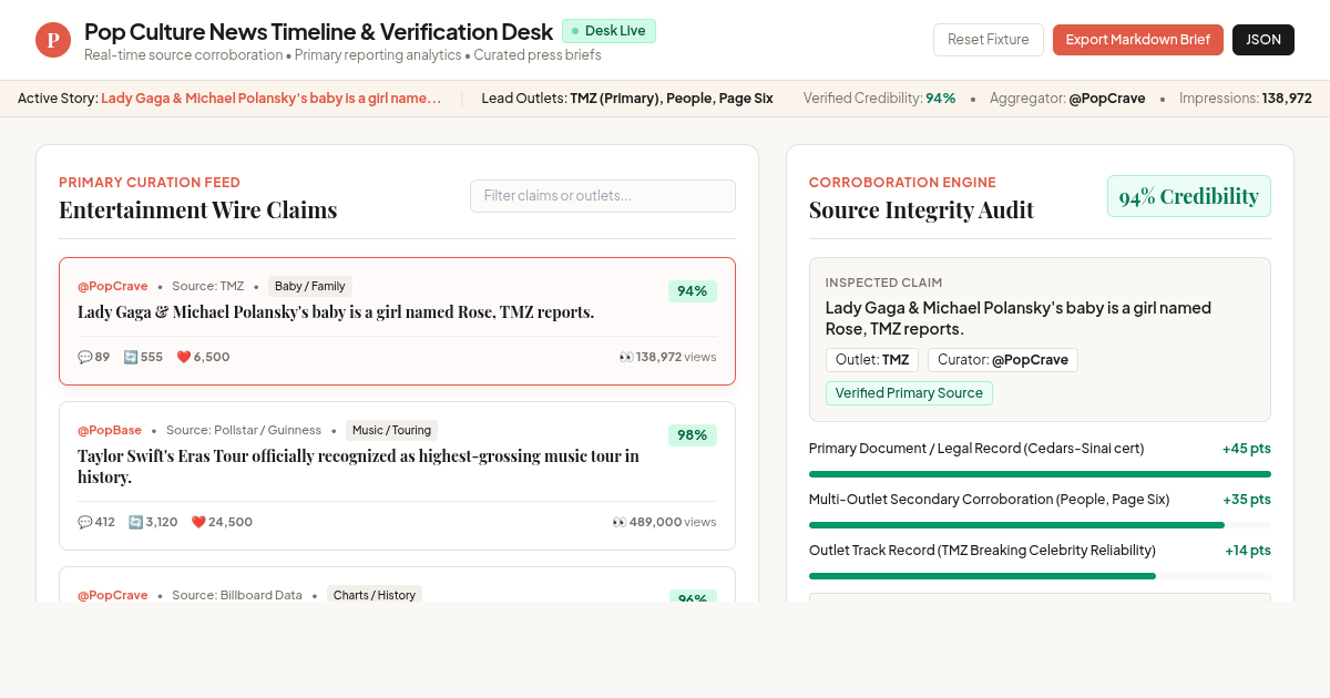 Pop Culture News Timeline & Verification Desk preview