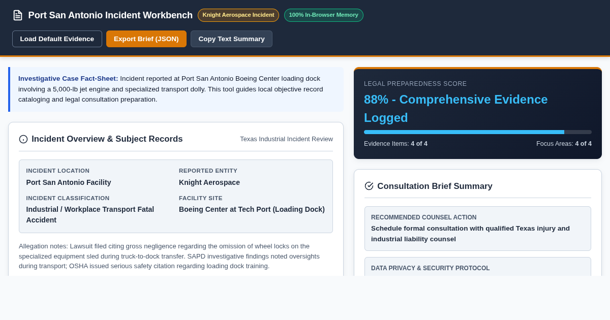 Port San Antonio Incident Evidence & Consultation Preparation Workbench preview