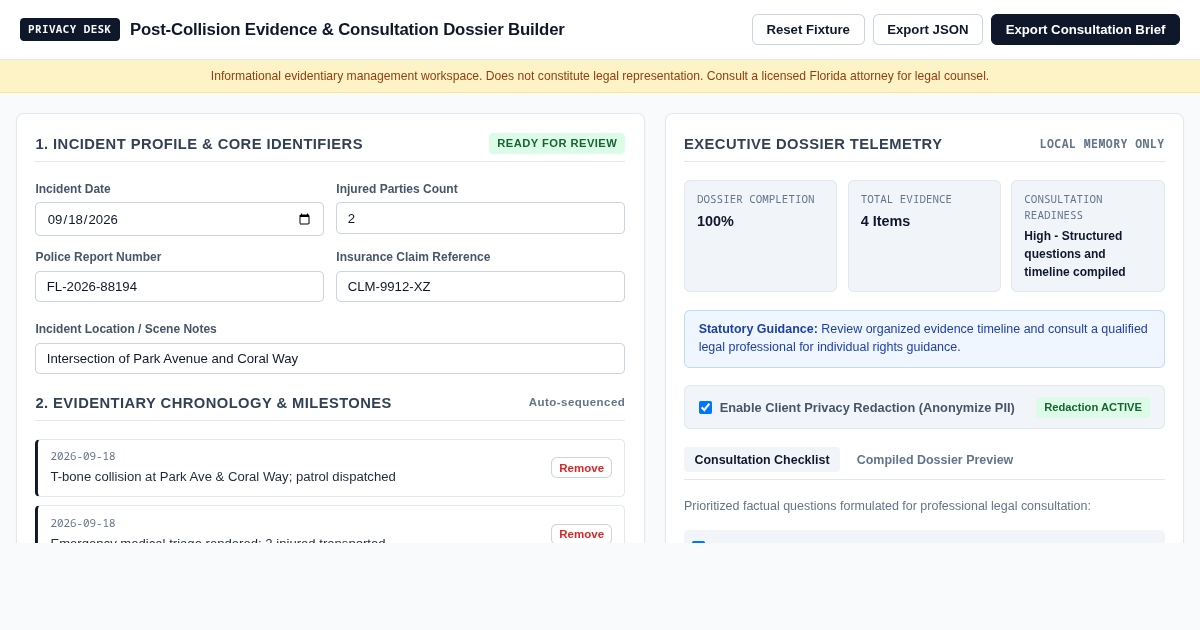 Post-Collision Evidence & Consultation Dossier Builder preview