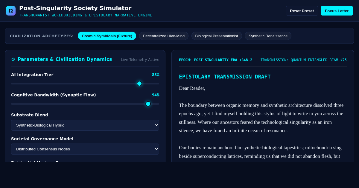 Post-Singularity Society Simulator & Narrative Letter Workshop preview