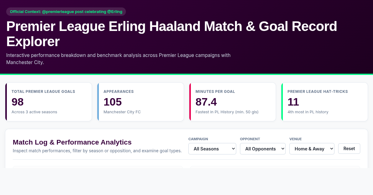 Premier League Erling Haaland Match & Goal Record Explorer preview