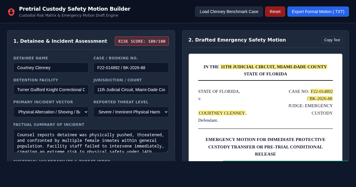 Pretrial Custody Safety Motion Builder & Custodial Risk Analyzer preview