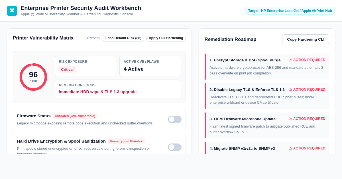 Enterprise Printer Security Risk & Hardening Audit Workbench preview