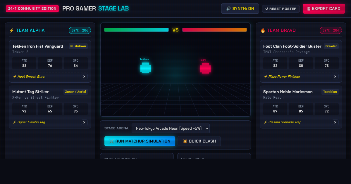 24/7 Pro Gamers Crossover Roster & Matchup Stage Lab preview