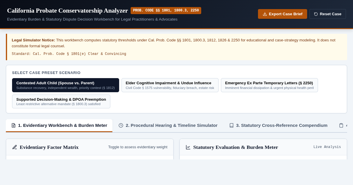 California Probate Conservatorship Evidentiary & Dispute Analyzer (Cal. Prob. Code §§ 1801, 1800.3, 2250) preview