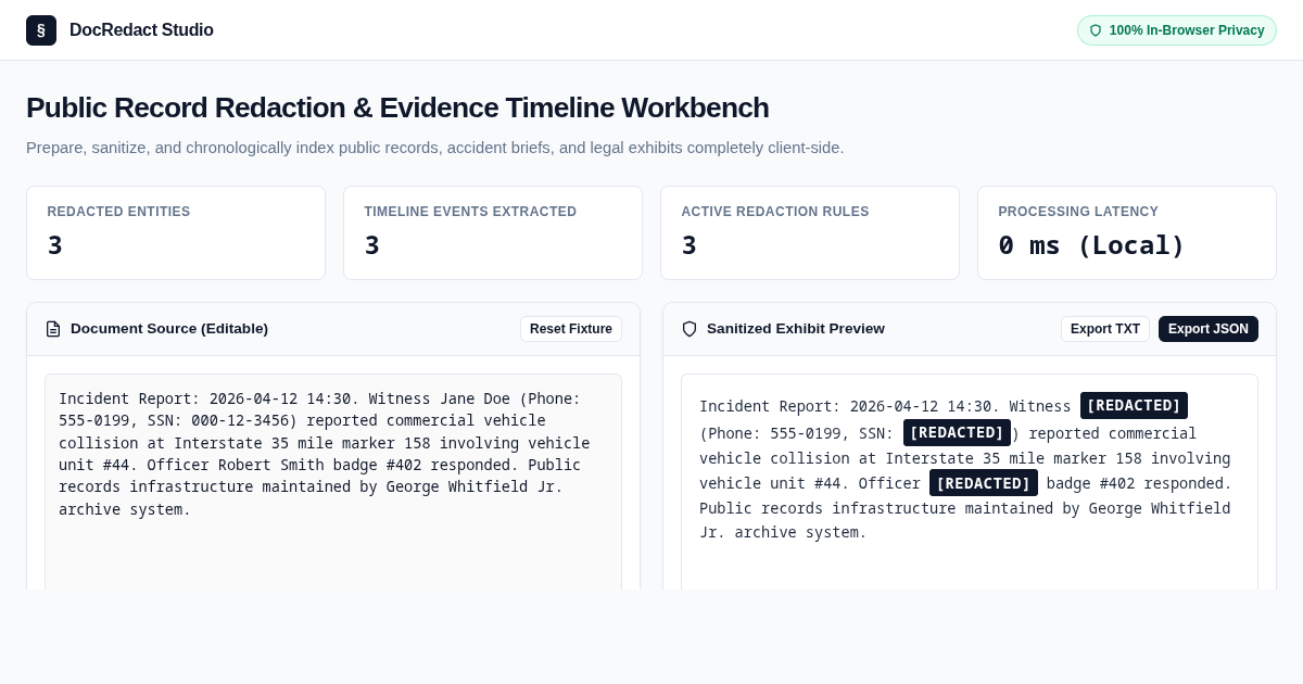Public Record Redaction & Evidence Timeline Workbench preview