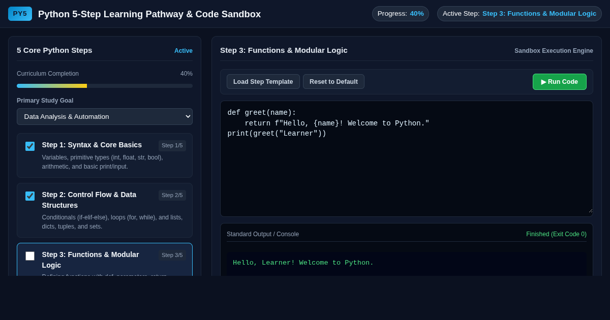 Python 5-Step Learning Pathway & Code Sandbox preview