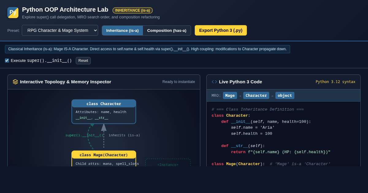Python OOP Architecture Lab: Inheritance, super(), and Composition Explorer preview