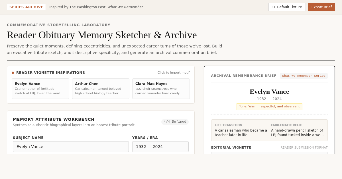 Reader Obituary Memory Sketcher & Archive Workbench preview