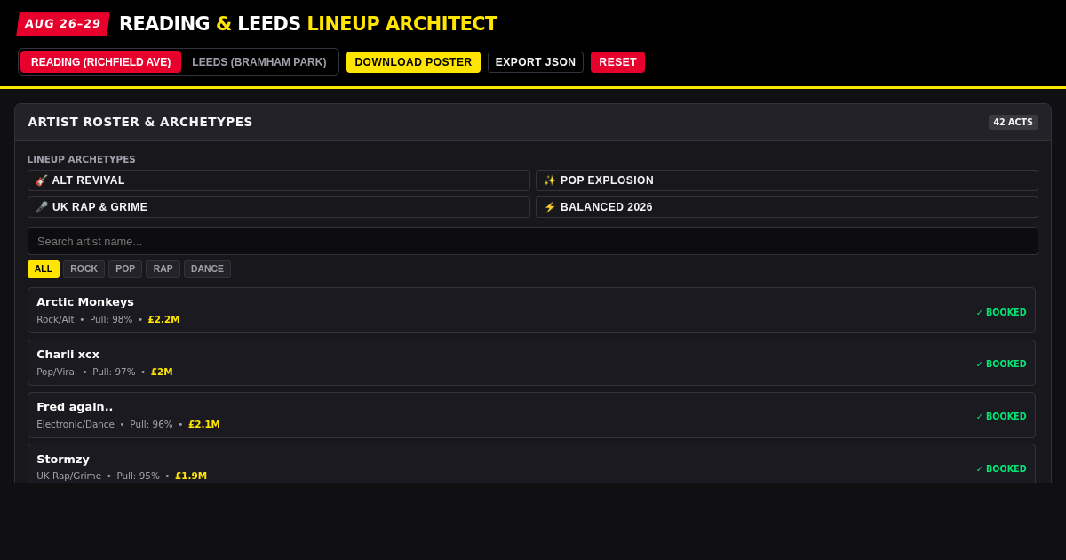 Reading & Leeds Festival Lineup Architect & Clash Simulator preview