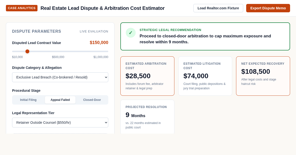 Real Estate Lead Dispute & Arbitration Cost Estimator preview