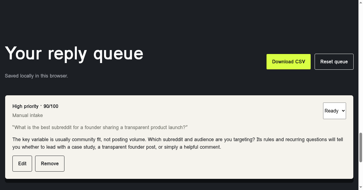 Signal Desk | Reddit Marketing Reply Triage preview