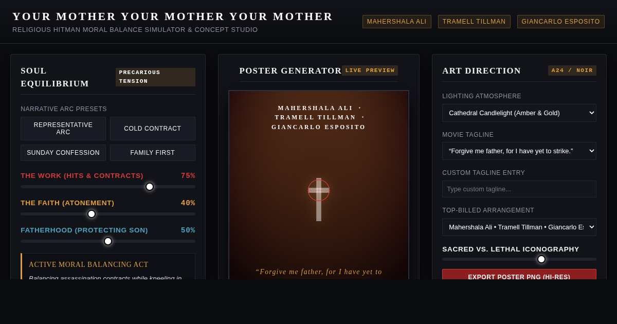 Religious Hitman Balance Simulator & Poster Studio | YOUR MOTHER YOUR MOTHER YOUR MOTHER preview