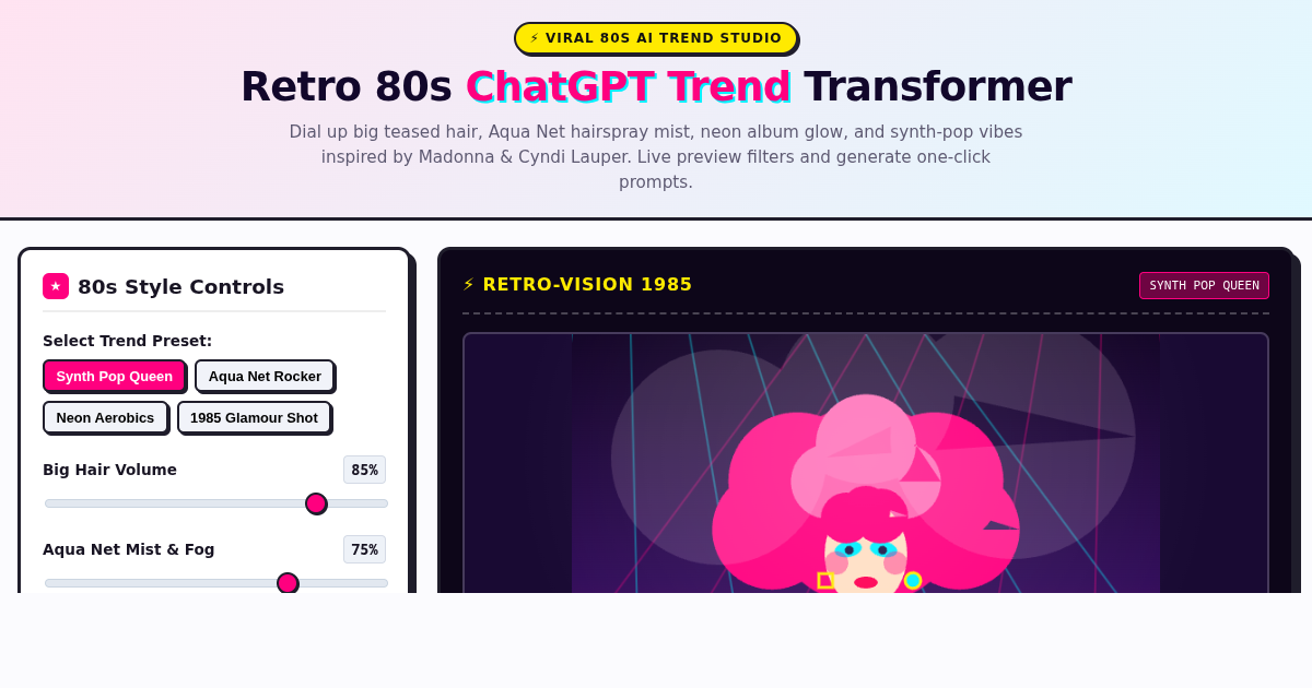 Retro 80s ChatGPT Photo Transformer & Neon Aesthetic Studio preview
