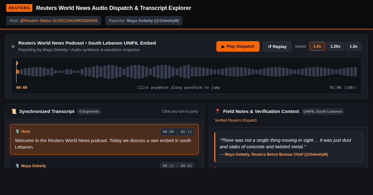 Reuters World News Audio Dispatch & Transcript Explorer preview