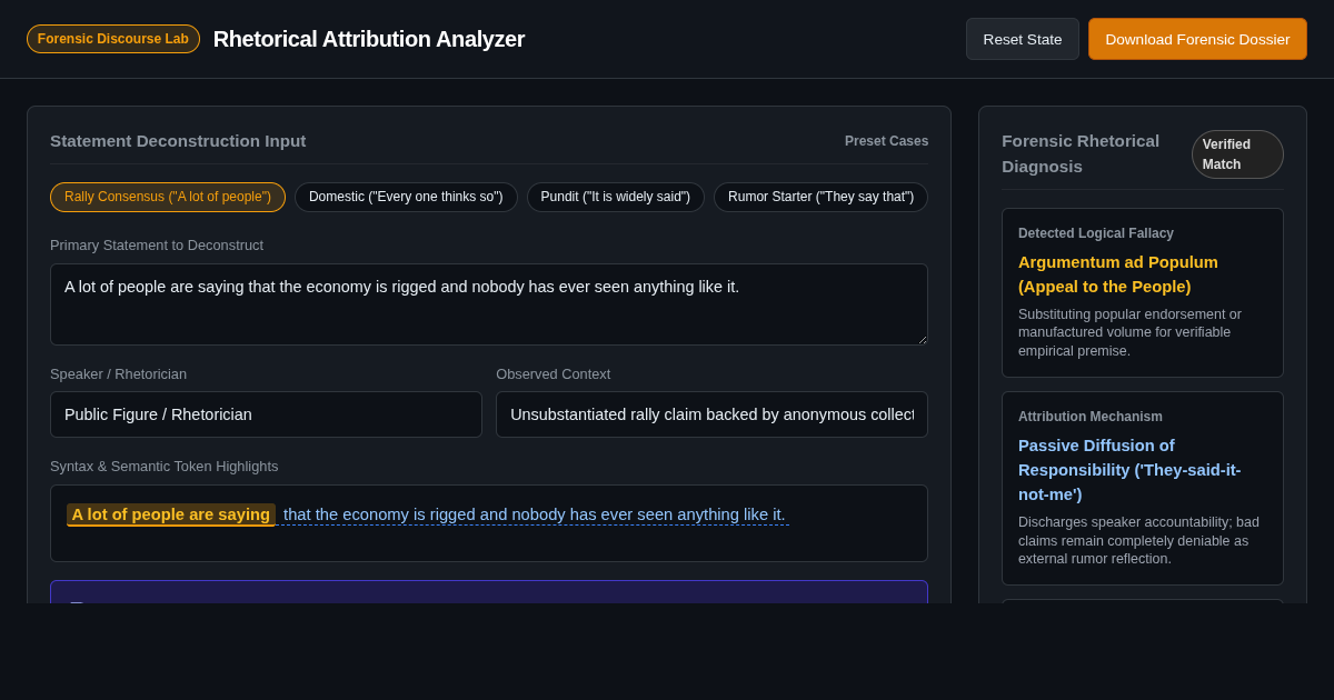 Rhetorical Attribution Analyzer | Forensic Discourse & Fallacy Breakdown preview