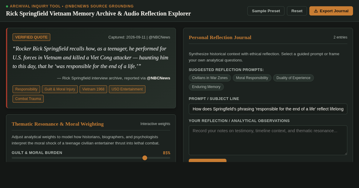 Rick Springfield Vietnam Memory Archive & Audio Reflection Explorer preview