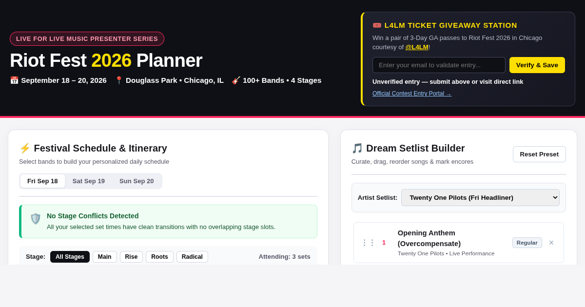 Riot Fest 2026 Setlist Planner & L4LM Giveaway Station preview