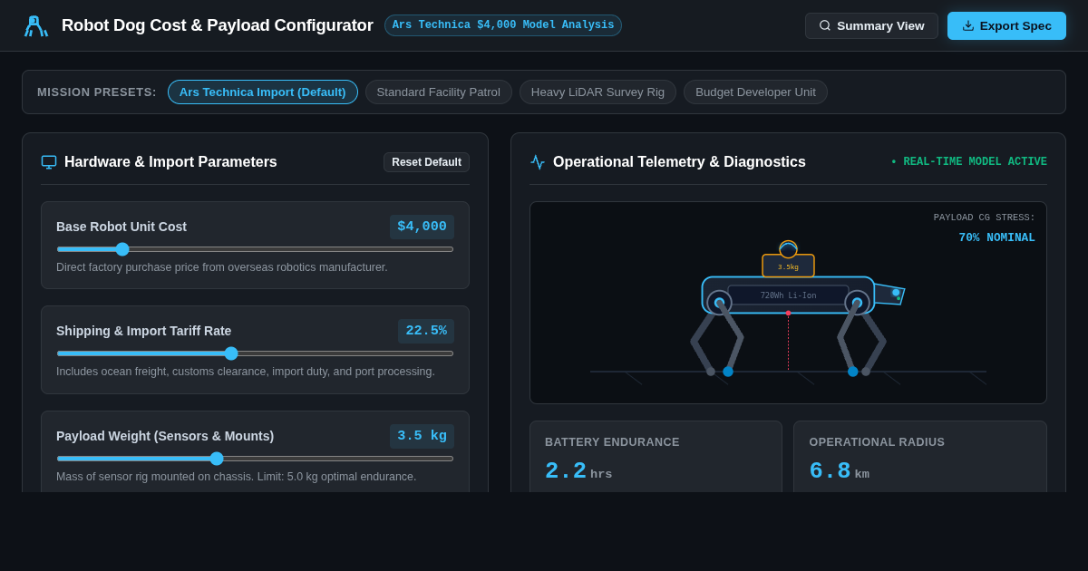 Robot Dog Cost & Payload Configurator preview