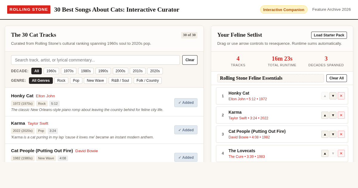 Rolling Stone 30 Best Songs About Cats — Interactive Setlist Curator preview