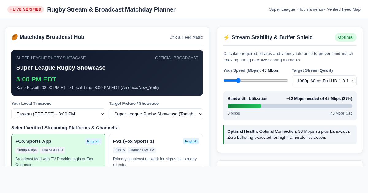 Rugby Stream & Broadcast Matchday Planner preview