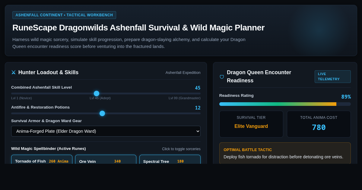 RuneScape Dragonwilds Ashenfall Survival & Wild Magic Planner preview