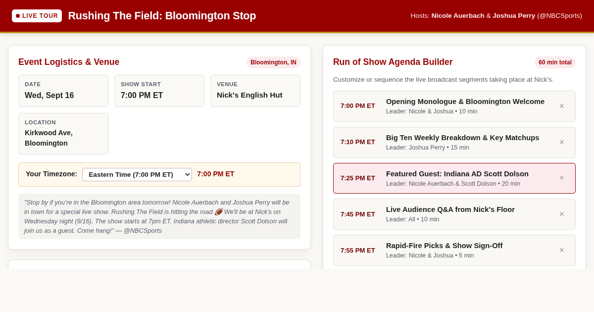 Rushing The Field Live Tour Itinerary & Program Planner preview