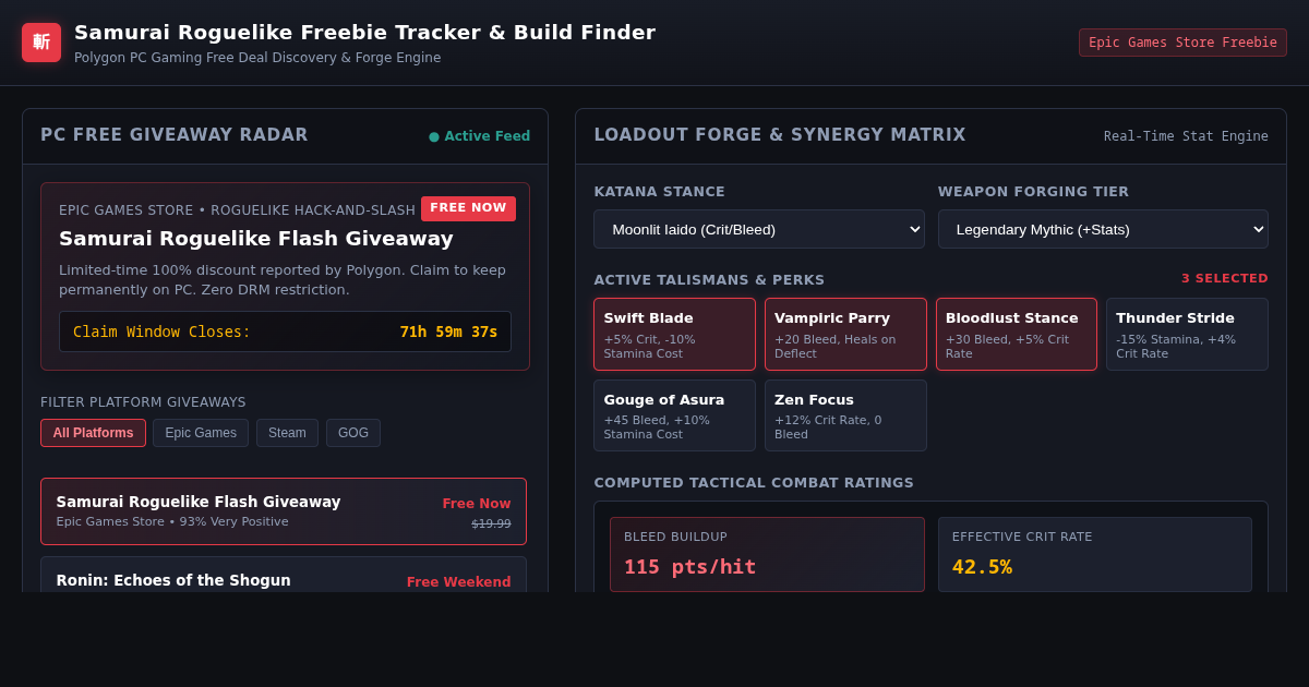 Samurai Roguelike Freebie Tracker & Build Finder preview